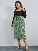Women Plus Vertical Stripe Tie Front Split Thigh Dress