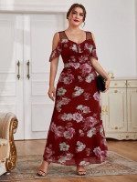 Women Plus Size Floral Print Cold Shoulder Ruffle Trim Dress