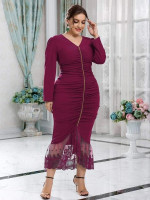 Women Plus Puff Sleeve Ruched Front Embroidery Mesh Mermaid Dress