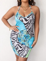 Women Plus Zebra Stripe & Floral Print Backless Halter Bodycon Dress