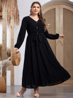 Women Plus Size Single Breasted Bishop Sleeve Belted Dress