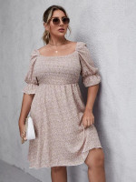 Women Plus Size Puff Sleeve Shirred Bodice Ditsy Floral Dress