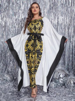 Women Plus 1pc Baroque Print Contrast Panel Batwing Sleeve Belted Dress