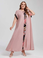 Women Plus Batwing Sleeve Floral Print Colorblock Dress