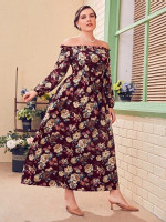 Women Plus Floral Print Off Shoulder Bishop Sleeve Maxi A-line Dress