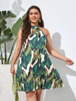 Women Plus Leaf Print Halter A Line Dress