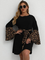 Women Plus Size Leopard Print Trumpet Sleeve Belted Dress