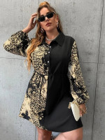 Women Plus Baroque & Leopard Print Lantern Sleeve Belted Shirt Dress