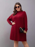 Women Plus Mock Neck Drop Shoulder Waffle Knit Dress