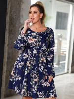 Women Plus Size Floral Print Flounce Sleeve Dress