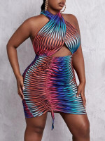 Women Plus Allover Print Drawstring Front Peekaboo Backless Halter Dress