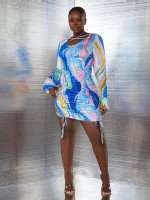 Women Plus Strappy Yoke Drawstring Marble Print Dress