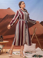 Women Plus Colorful Striped Belted Shirt Dress