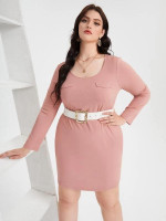 Women Plus Size Scoop Neck Decorative Pocket Fitted Dress Without Belt