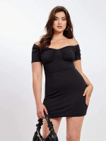 Women Plus Size Ruched Off Shoulder Ribbed Knit Bodycon Dress