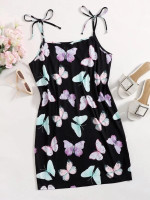 Women Plus Allover Butterfly Print Knot Shoulder Cami Dress