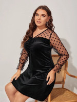Women Plus Dobby Mesh Panel Flounce Sleeve Velvet Dress