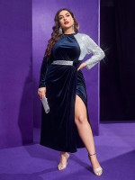 Women Plus Colorblock Sequin Insert Slit Thigh Velvet Dress