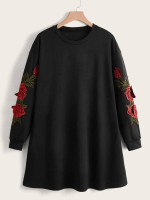 Women Plus Flower Embroidered Applique Drop Shoulder Dress