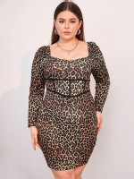 Women Plus Size Square Neck Leopard Print Bodycon Dress