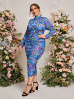 Women Plus Tie Dye Butterfly Print Ruched Bodycon Dress