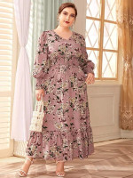 Women Plus Shirred Waist Flounce Hem Floral Print Maxi Dress