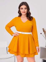 Women Plus Neon Orange V Neck Two Layer Hem Dress Without Belt