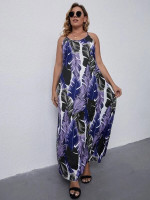 Women Plus Tropical Print Backless Maxi Cami Dress