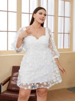Wome Plus Sweetheart Neck Puff Sleeve Appliques Mesh Dress