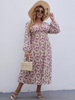 Women Plus Size Surplice Neck Floral Print Lantern Sleeve Dress