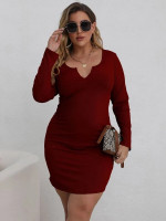 Women Plus Notched Neck Ribbed Knit Bodycon Dress