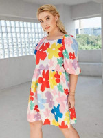 Women Plus Size Allover Floral Puff Sleeve Smock Dress