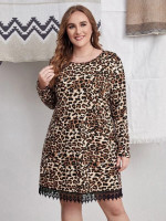 Women Plus Size Leopard Print Guipure Lace Trim Dress