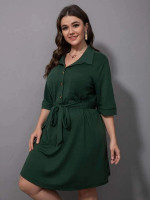 Women Plus Solid Button Front Belted Dress