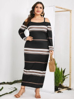 Women Plus Striped Print Cold Shoulder Fitted Dress