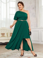 Women Plus One Shoulder Layered Sleeve Dress Without Belt