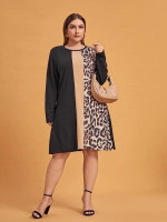 Women Plus Contrast Leopard Panel Tee Dress