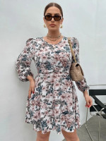 Women Plus Allover Floral Print Lantern Sleeve Ruched Dress