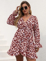 Women Plus Leopard Print Flounce Sleeve Ruffle Hem Wrap Dress