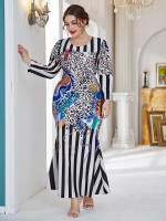 Women Plus Size Leopard & Striped Print Dress