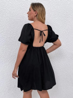 Women Plus Size Backless Knot Square Neck Puff Sleeve Dress