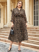 Women Plus Shawl Collar Flounce Sleeve Pleated Hem Buckle Belted Leopard Dress