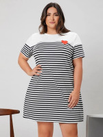 Women Plus Heart Embroidery Striped Print Dress