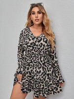 Women Plus Size Leopard Print Flounce Sleeve Dress