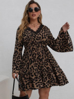 Women Plus Leopard Print Contrast Lace Bell Sleeve Ruffle Hem A-line Dress