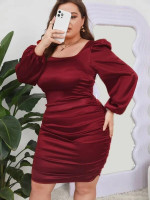 Women  Plus Square Neck Bishop Sleeve Backless Bodycon Dress