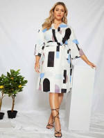 Women Plus Geo Wrap Belted Fitted Dress