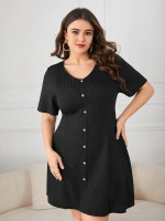 Women Plus Ribbed Knit Button Detail Dress