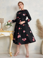 Women Plus Floral Print Belted Dress