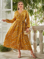 Women Plus Size Allover Floral Print Surplice Neck Belted Dress